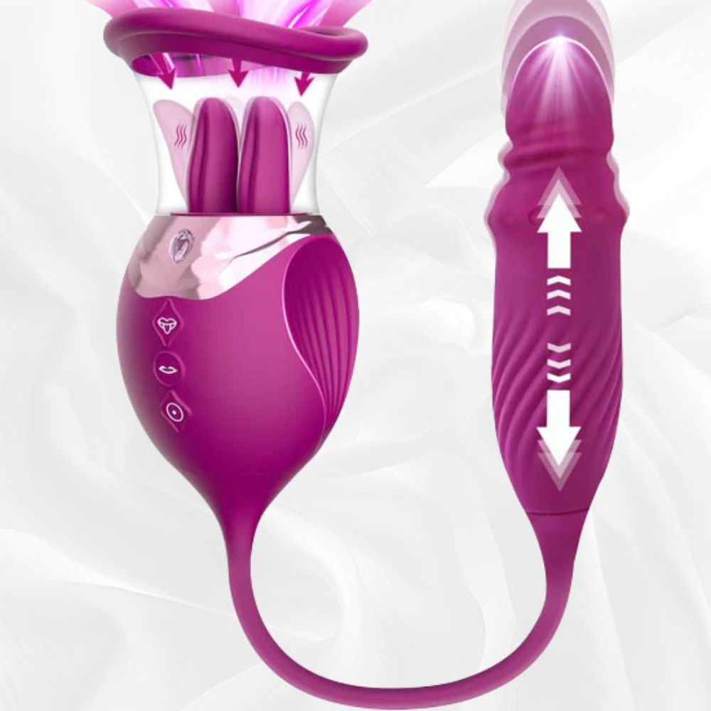 Sucking Licking Rose Toy with Thrusting Vibrating G Spot Dildo, 4 in 1 Tongue Oral Rose Sex Toy
