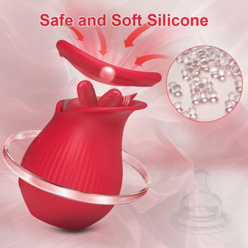 Double Tongue Clit Licking Sucking Rose Flower Shape Toy Vibrator with 10 Swing Licking & Vibrating