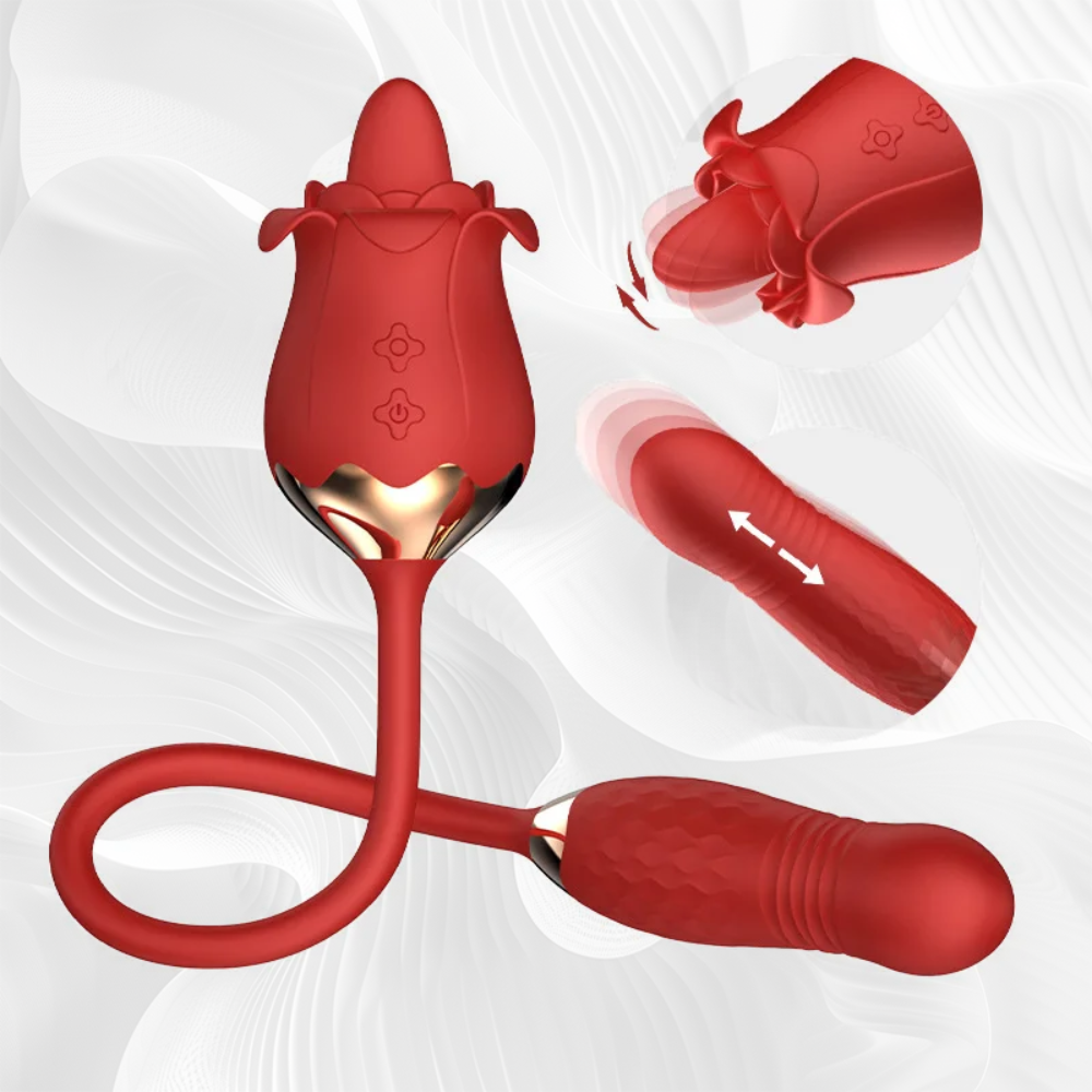 Tongue Licking Rose Sex Toy with Thrusting Dildo, 3 in 1 Women Sex Toys with 10 Modes