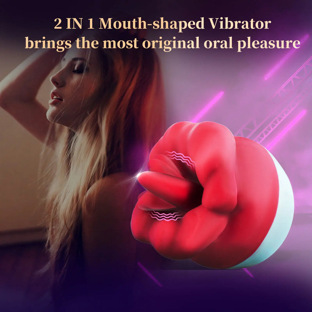 2 in 1 Rose Sex Toy with 10 Licking & Vibrating Modes, Mouth-shaped Clitoral Nipple Vibrators for Women Pleasure