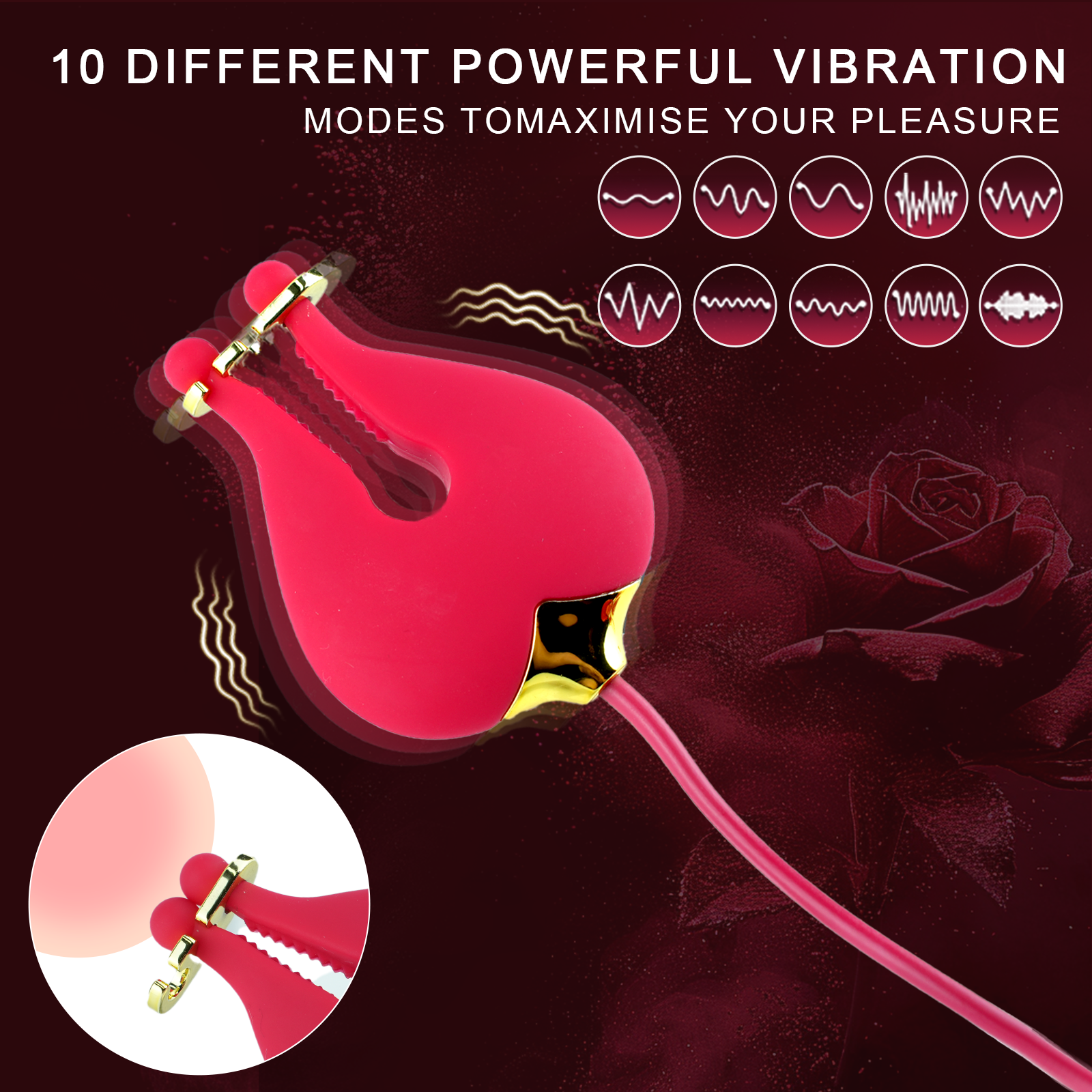 Vibrating Rose Nipple Clamp Toys, 3 in 1 Adjustable Rose Necklace Mouth Gag & Nipple Clitoral Adult Toys with 10 Stimulations