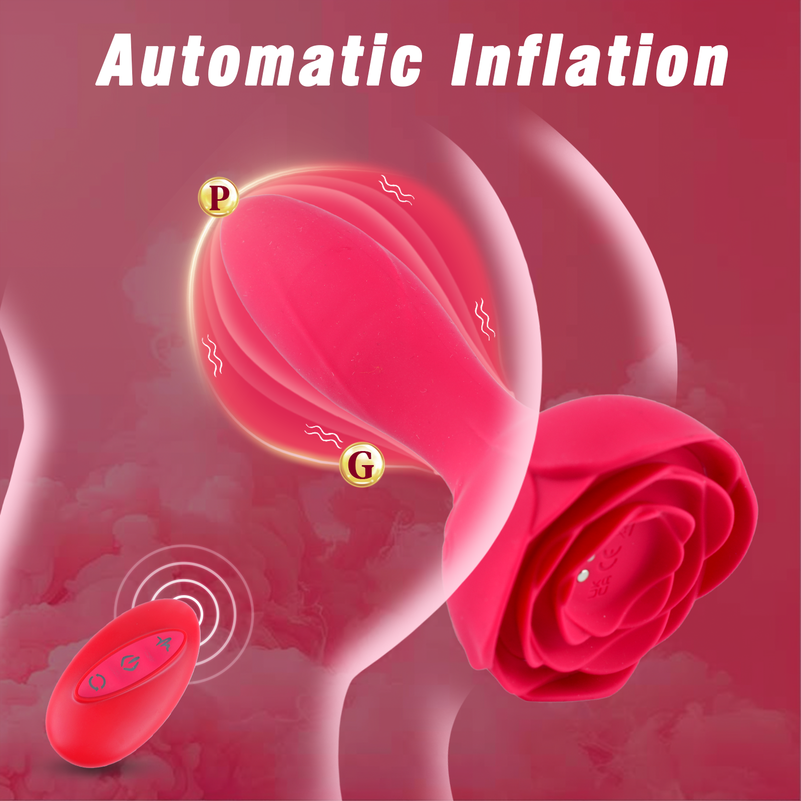 Vibrating Rose Butt Plug for Adults - Inflatable Anal Plug with Automatic Inflation and 10 Vibrating Modes