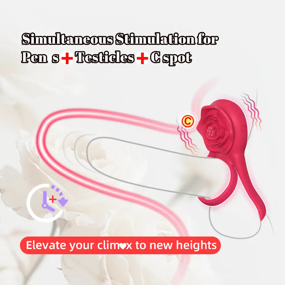 Rose Clitoral Stimulator Cock Ring with 9 Vibrations, Couples Sex Toys Red
