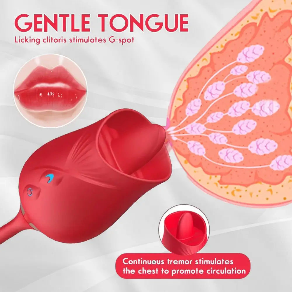 Dual-head Tongue Licking Rose Sex Toys with Thrusting Dildo, 3 in 1 Rose Vibrator for G Spot Clit Blended Climaxes
