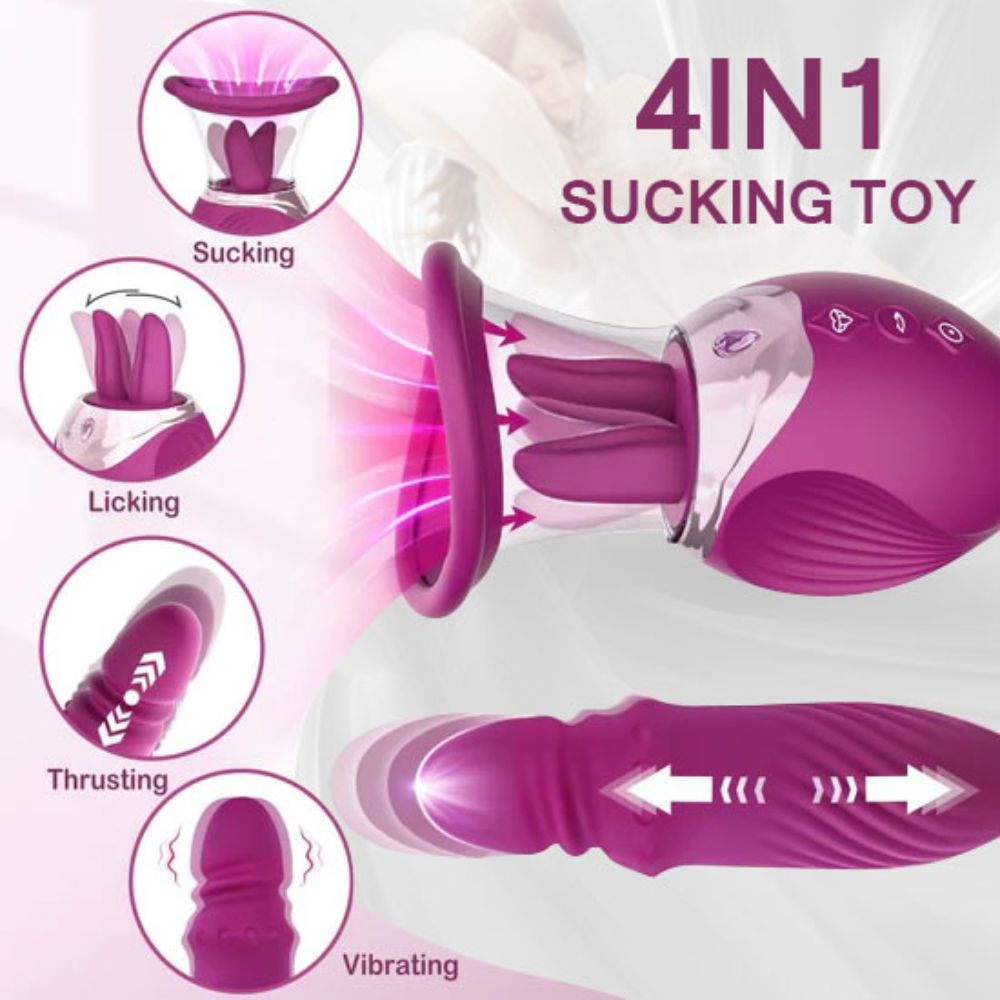 Sucking Licking Rose Toy with Thrusting Vibrating G Spot Dildo, 4 in 1 Tongue Oral Rose Sex Toy