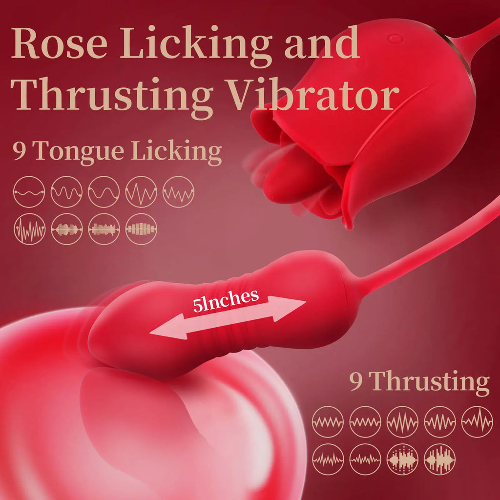 3 in 1 Rose Dildo Vibrator - Tongue - Licking & Thrusting with 9 Modes for Ultimate Pleasure