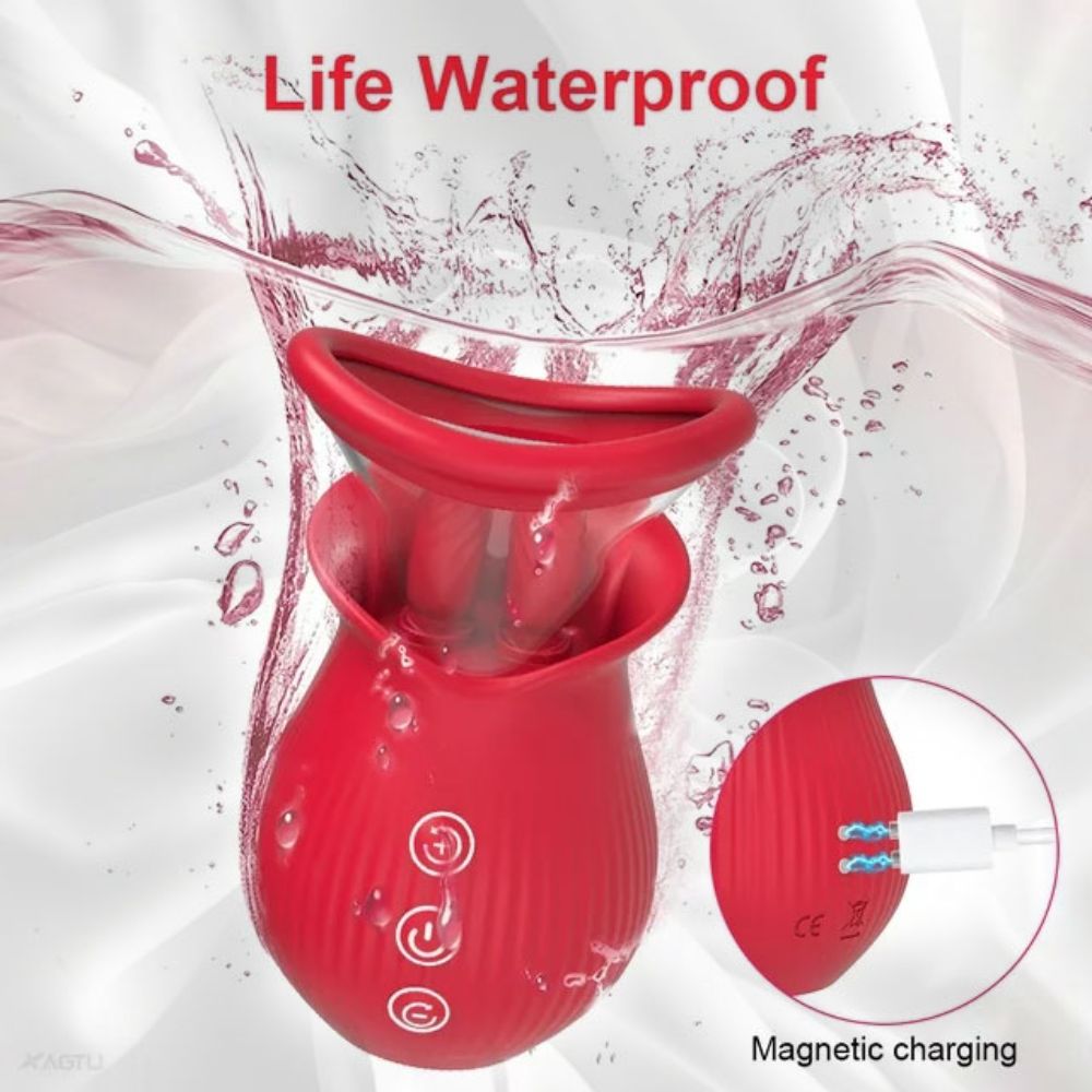 Double Tongue Clit Licking Sucking Rose Flower Shape Toy Vibrator with 10 Swing Licking & Vibrating