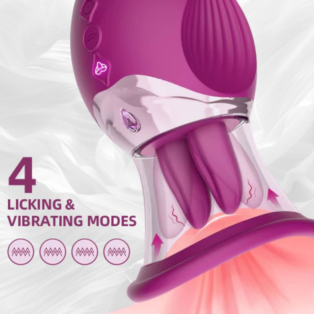 Sucking Licking Rose Toy with Thrusting Vibrating G Spot Dildo, 4 in 1 Tongue Oral Rose Sex Toy