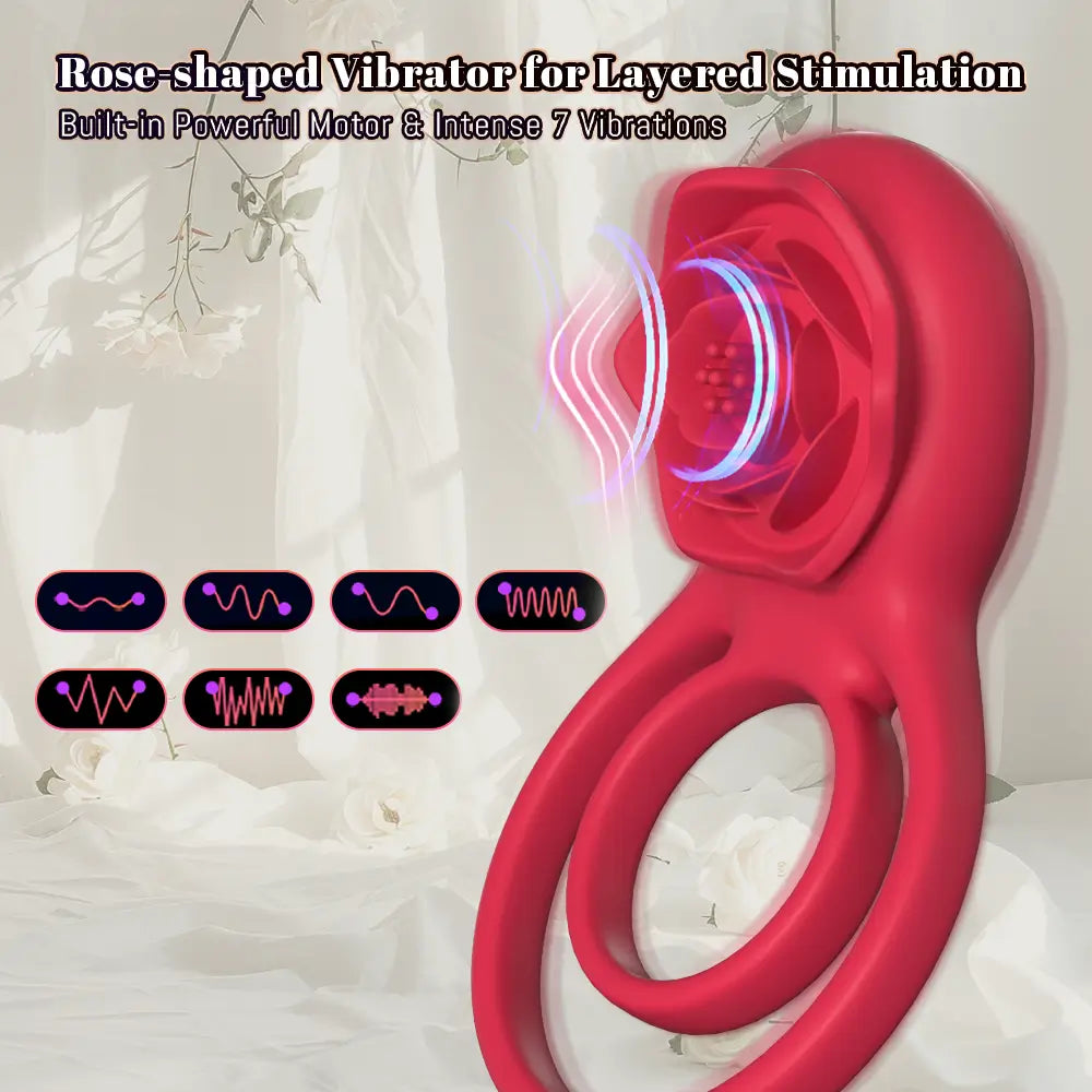 Rose Clitoral Stimulator Cock Ring with 9 Vibrations, Couples Sex Toys Red