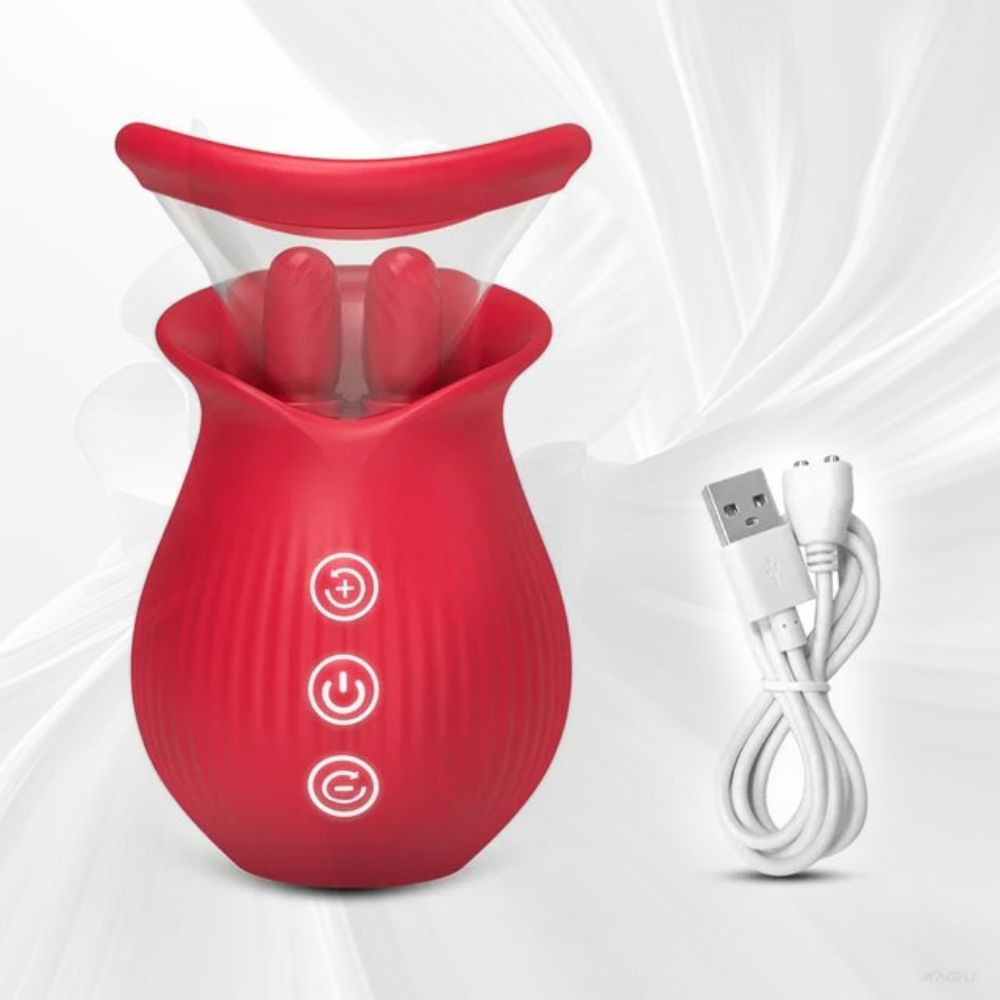 Double Tongue Clit Licking Sucking Rose Flower Shape Toy Vibrator with 10 Swing Licking & Vibrating