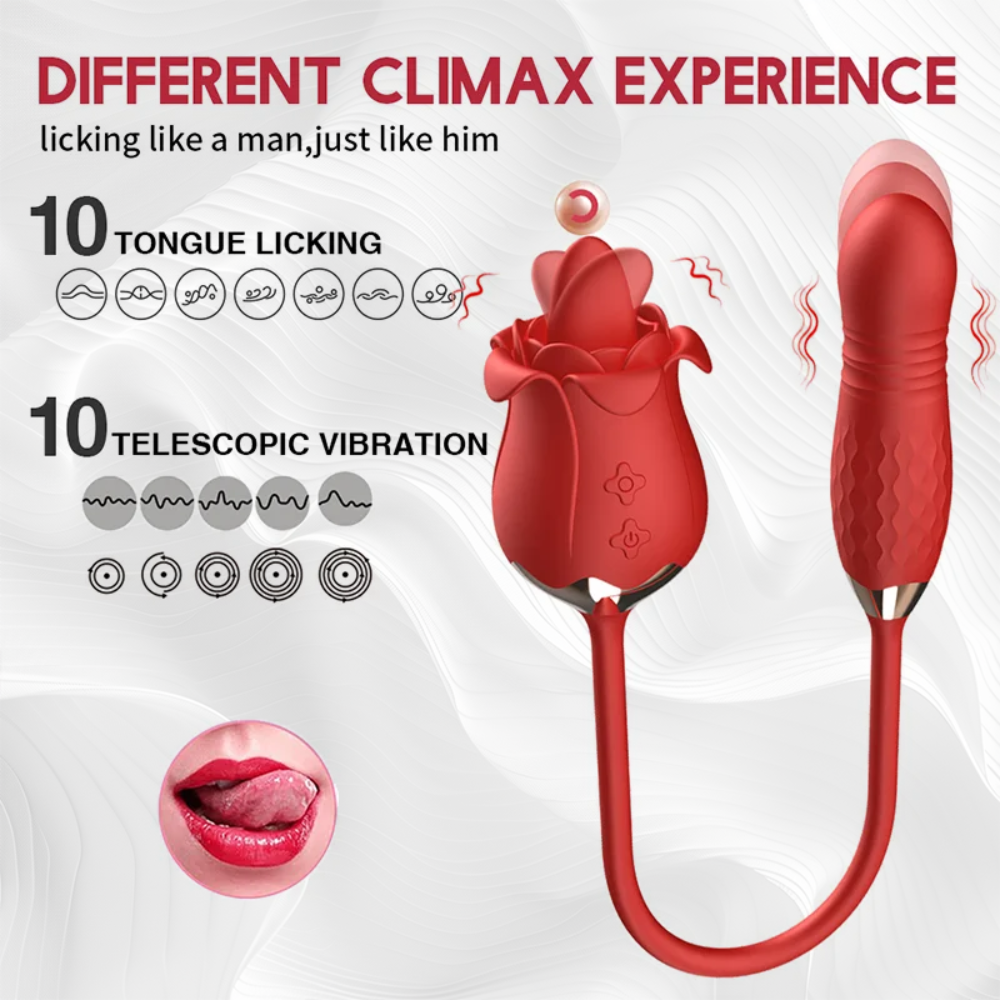 Tongue Licking Rose Sex Toy with Thrusting Dildo, 3 in 1 Women Sex Toys with 10 Modes