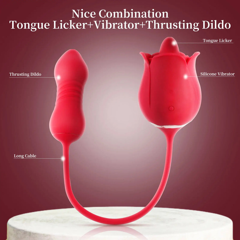 3 in 1 Rose Dildo Vibrator - Tongue - Licking & Thrusting with 9 Modes for Ultimate Pleasure