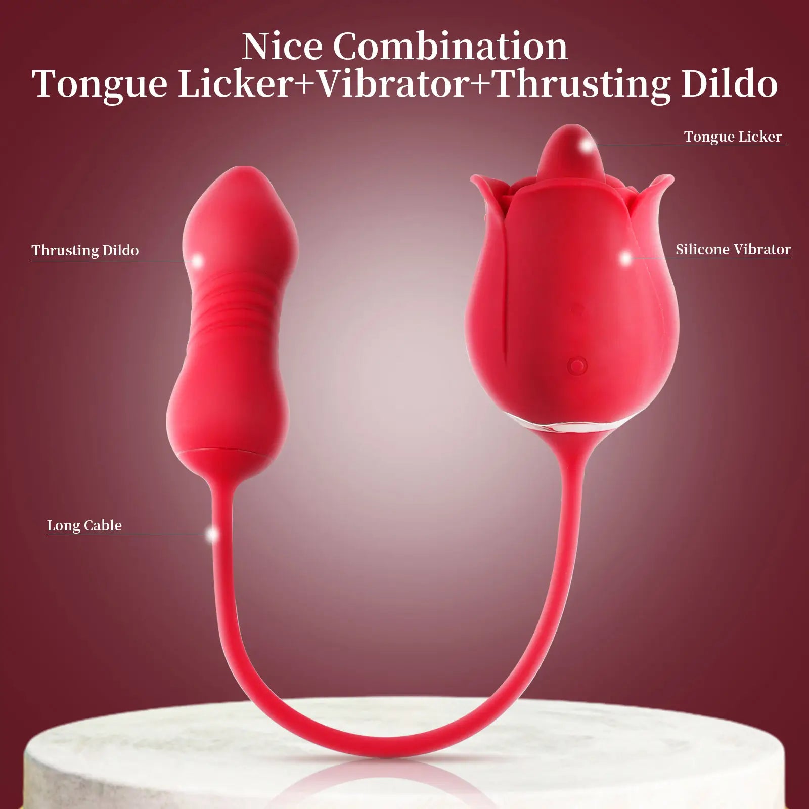 3 in 1 Rose Dildo Vibrator - Tongue - Licking & Thrusting with 9 Modes for Ultimate Pleasure