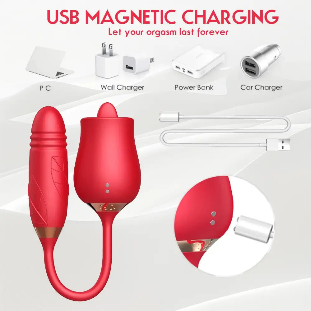 Dual-head Tongue Licking Rose Sex Toys with Thrusting Dildo, 3 in 1 Rose Vibrator for G Spot Clit Blended Climaxes