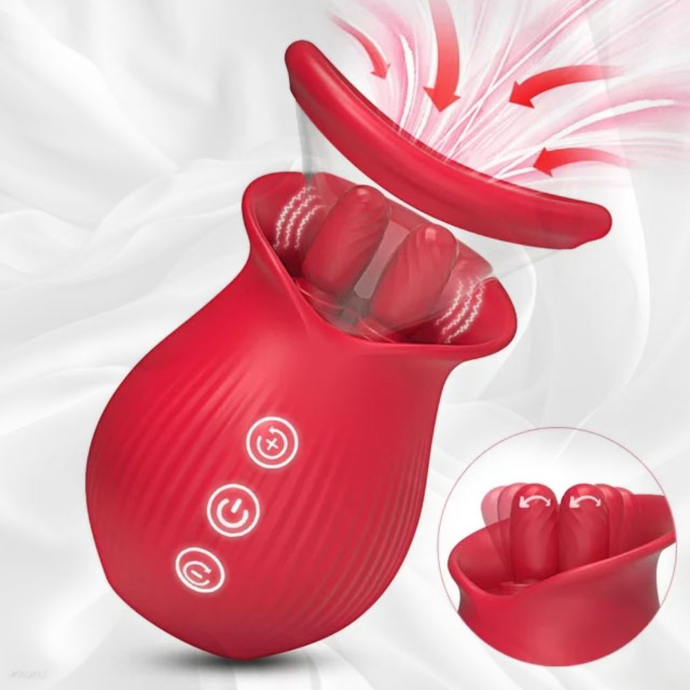 Double Tongue Clit Licking Sucking Rose Flower Shape Toy Vibrator with 10 Swing Licking & Vibrating