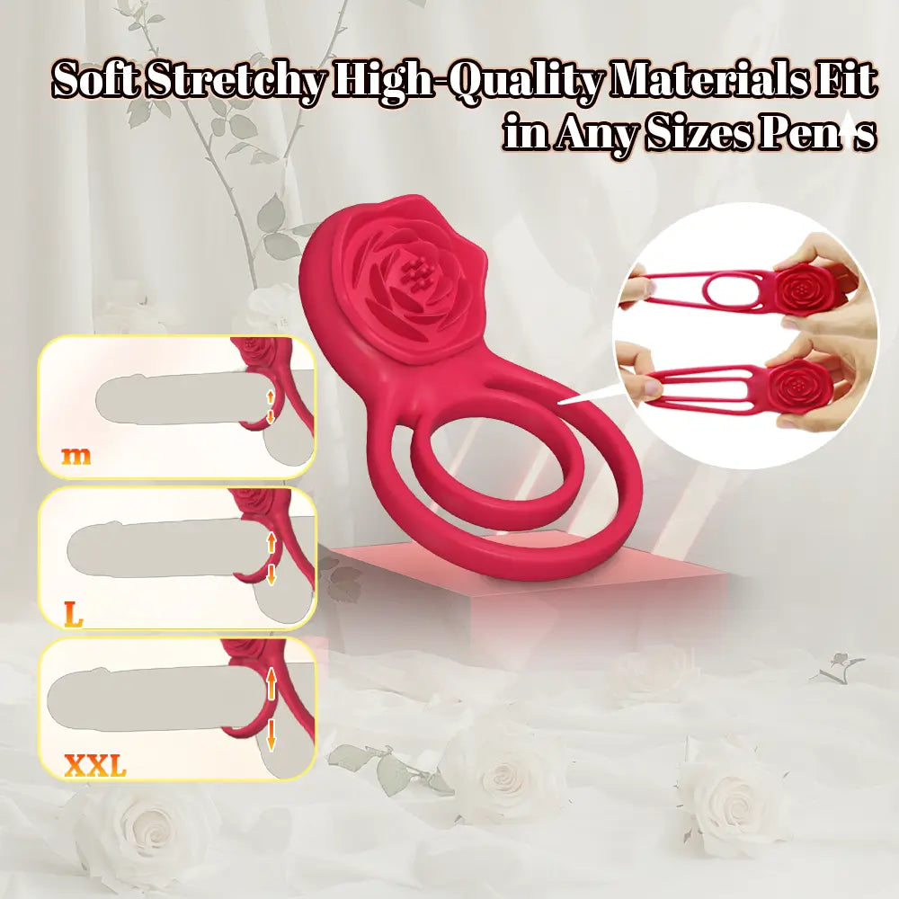 Rose Clitoral Stimulator Cock Ring with 9 Vibrations, Couples Sex Toys Red