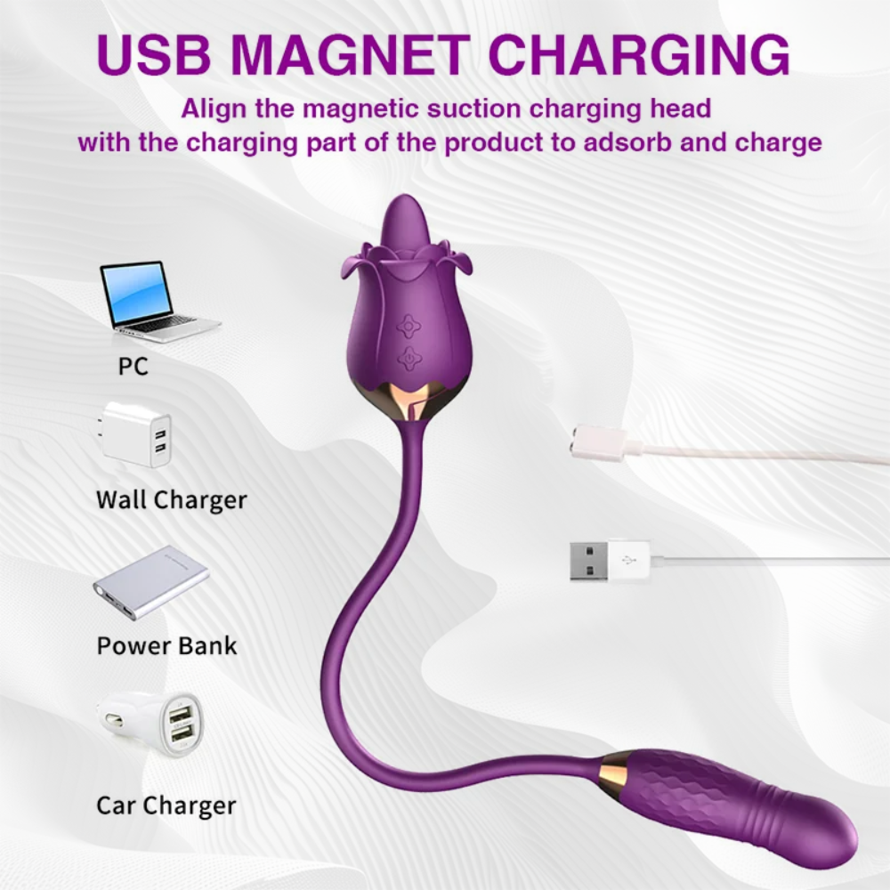 Tongue Licking Rose Sex Toy with Thrusting Dildo, 3 in 1 Women Sex Toys with 10 Modes