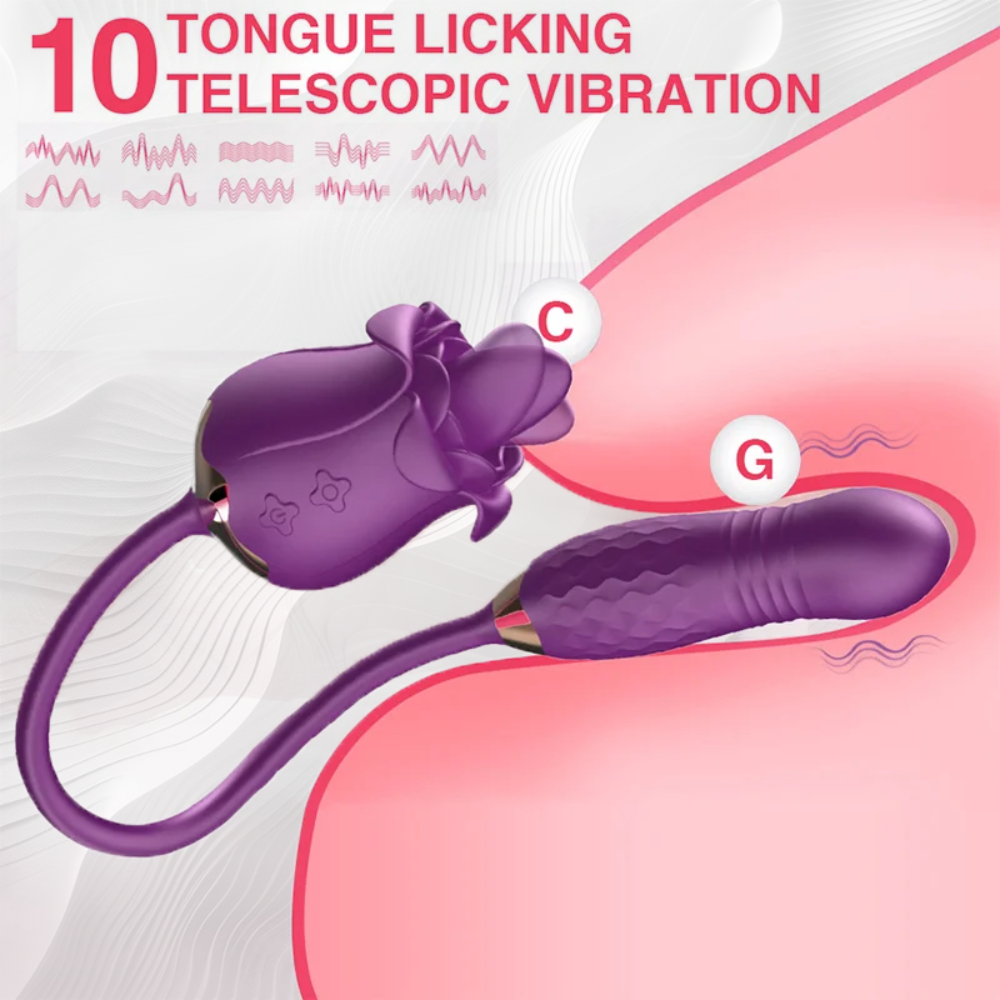 Tongue Licking Rose Sex Toy with Thrusting Dildo, 3 in 1 Women Sex Toys with 10 Modes