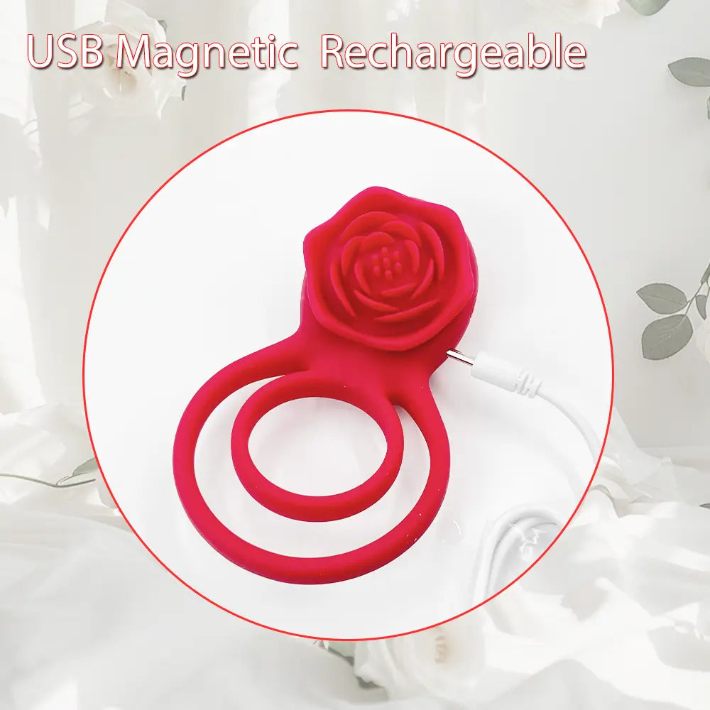 Rose Clitoral Stimulator Cock Ring with 9 Vibrations, Couples Sex Toys Red