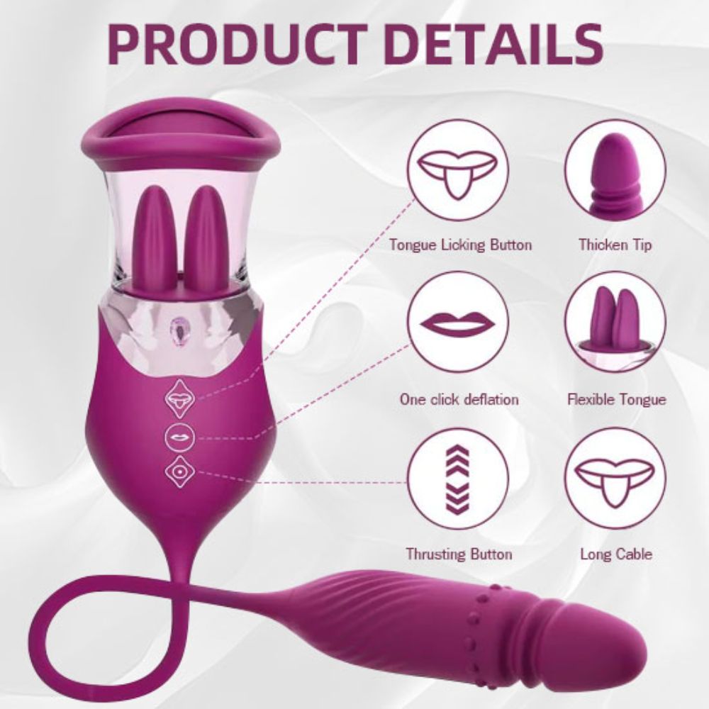 Sucking Licking Rose Toy with Thrusting Vibrating G Spot Dildo, 4 in 1 Tongue Oral Rose Sex Toy