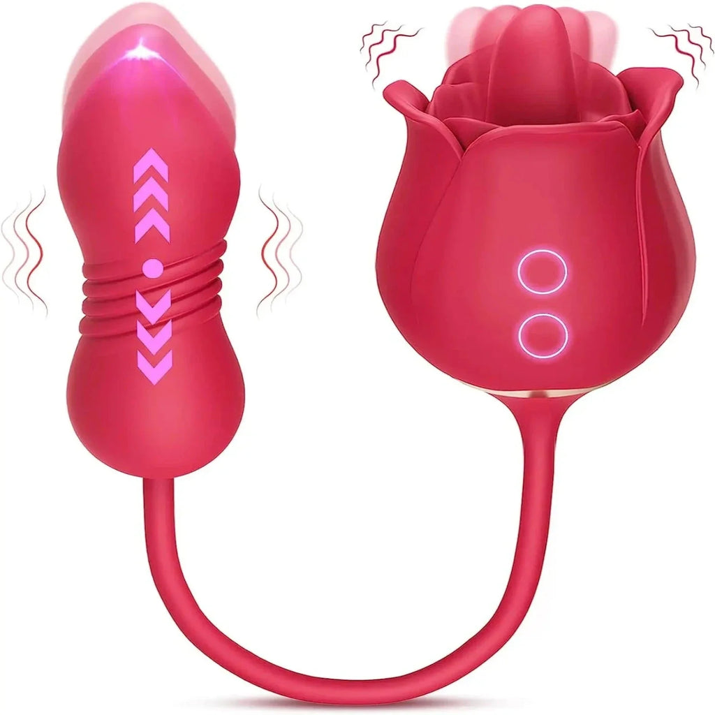3 in 1 Rose Dildo Vibrator - Tongue - Licking & Thrusting with 9 Modes for Ultimate Pleasure