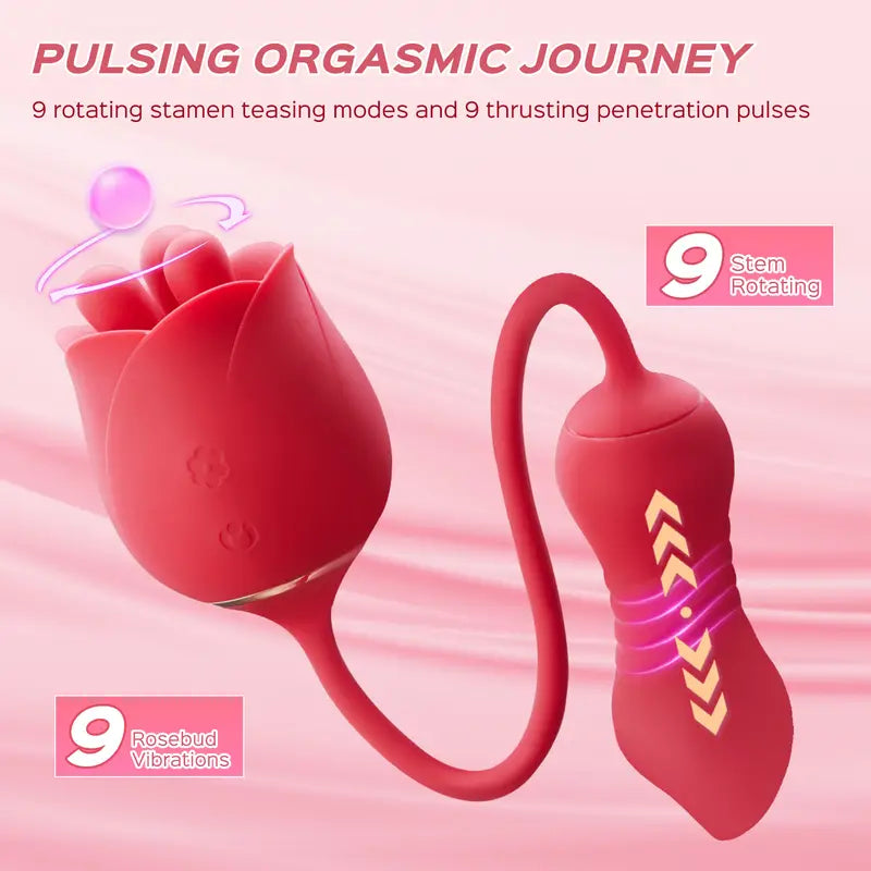 3 in1 Rose Sex Toys G spot Vibrator Sex Stimulator for Women with 9 Vibrating Thrusting Modes, 3 Rotating Tongues for Clit Licking