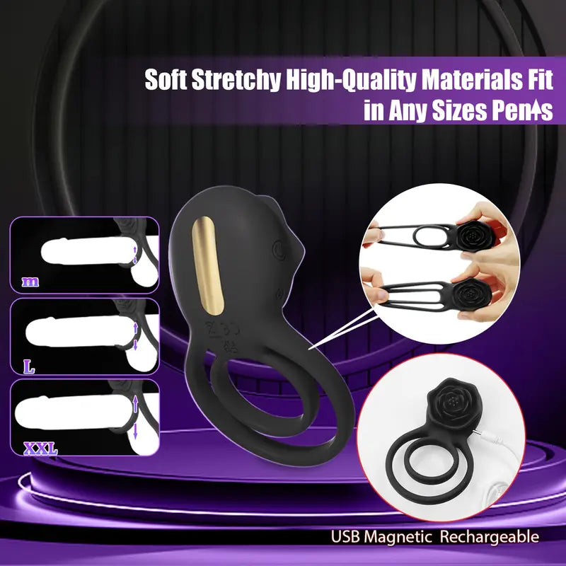 Rose Vibrating Cock Ring with Clitoral Stimulator, Penis Sleeve for G Spot Clitoris Penis Stimulation, 9 Vibrations