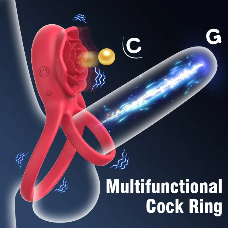 Rose Clitoral Stimulator Cock Ring with 9 Vibrations, Couples Sex Toys Red