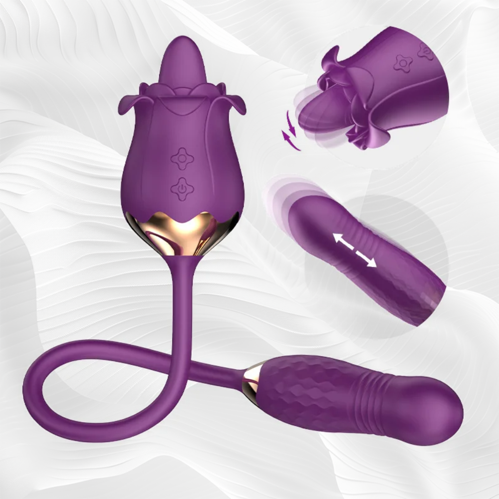 Tongue Licking Rose Sex Toy with Thrusting Dildo, 3 in 1 Women Sex Toys with 10 Modes