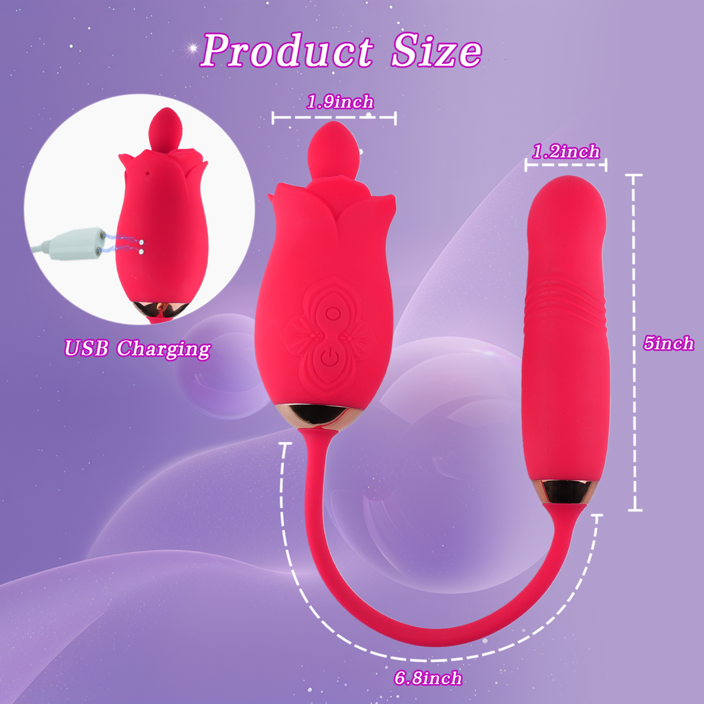 Rose Sex Toy with a Suction Cup - 3 in 1 Upgrade Rose Sex Stimulator for Women with 10 Sucking Thrusting Vibrating Modes