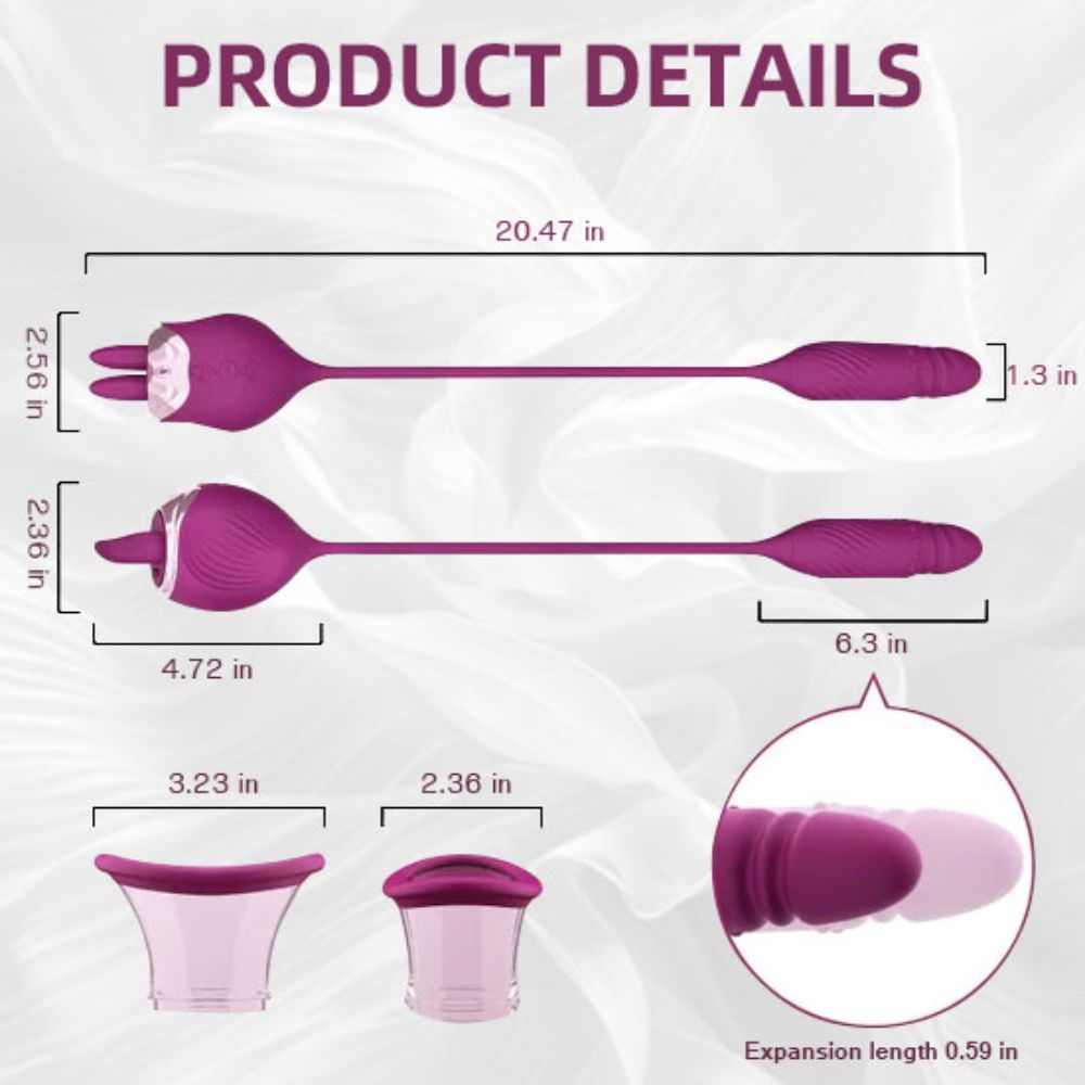 Sucking Licking Rose Toy with Thrusting Vibrating G Spot Dildo, 4 in 1 Tongue Oral Rose Sex Toy