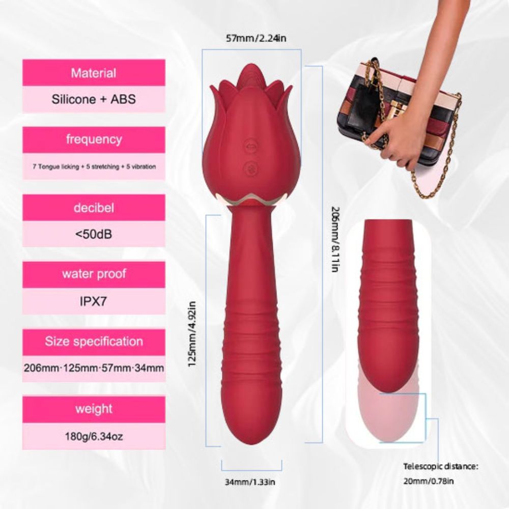 Rose Sex Toy Clitoral Nipple Licking G Spot Vibrators for Women Thrusting Dildo Wand with 5 Vibrating Licker & 10 Vibration Patterns