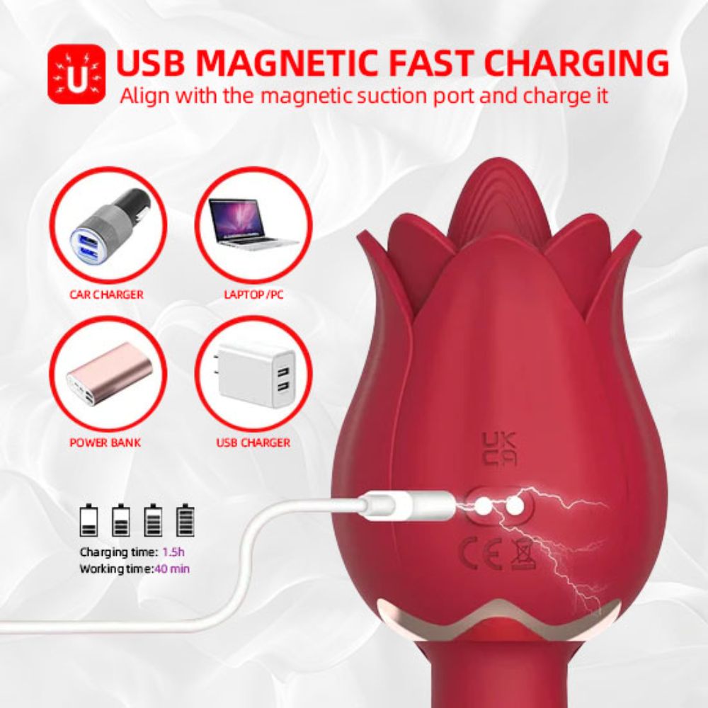 Rose Sex Toy Clitoral Nipple Licking G Spot Vibrators for Women Thrusting Dildo Wand with 5 Vibrating Licker & 10 Vibration Patterns