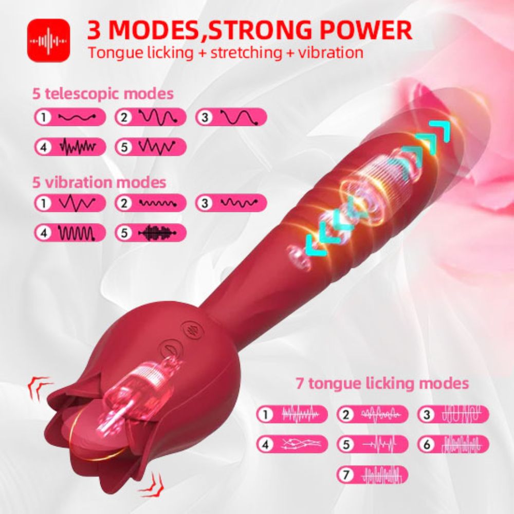 Rose Sex Toy Clitoral Nipple Licking G Spot Vibrators for Women Thrusting Dildo Wand with 5 Vibrating Licker & 10 Vibration Patterns