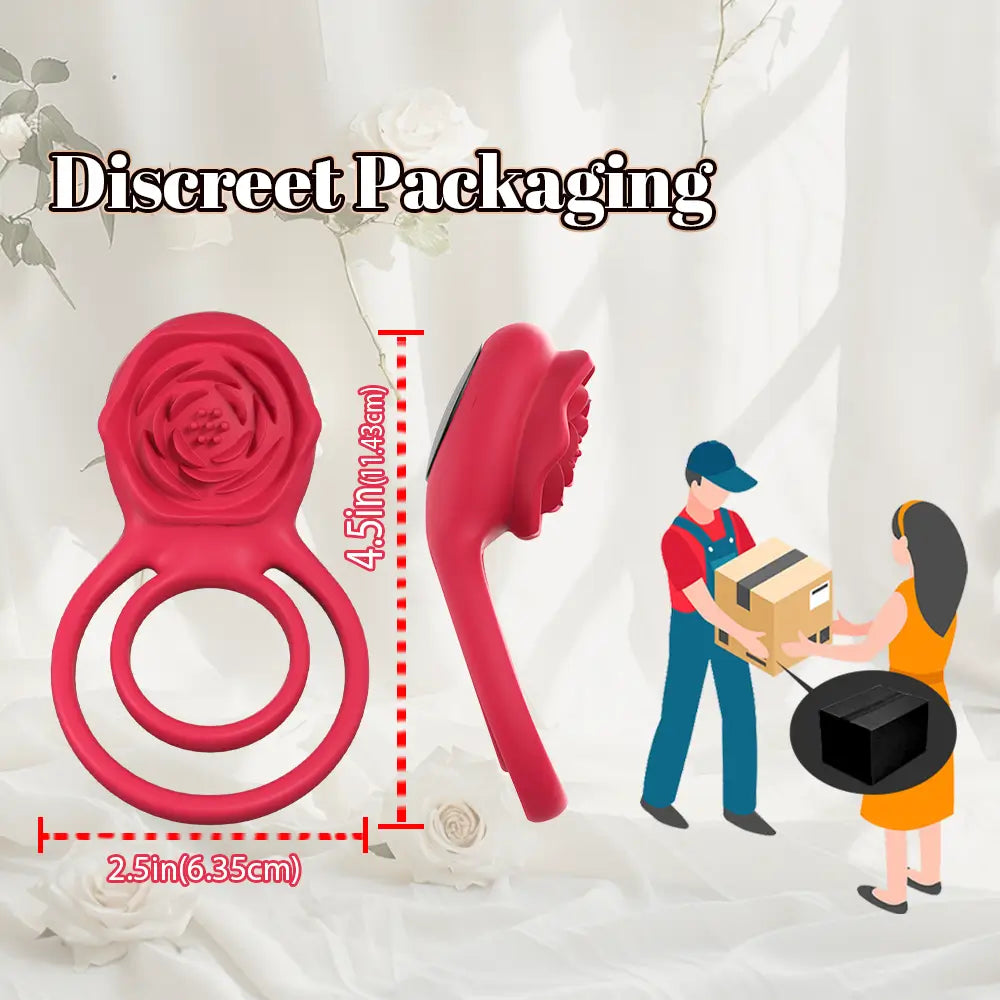Rose Clitoral Stimulator Cock Ring with 9 Vibrations, Couples Sex Toys Red