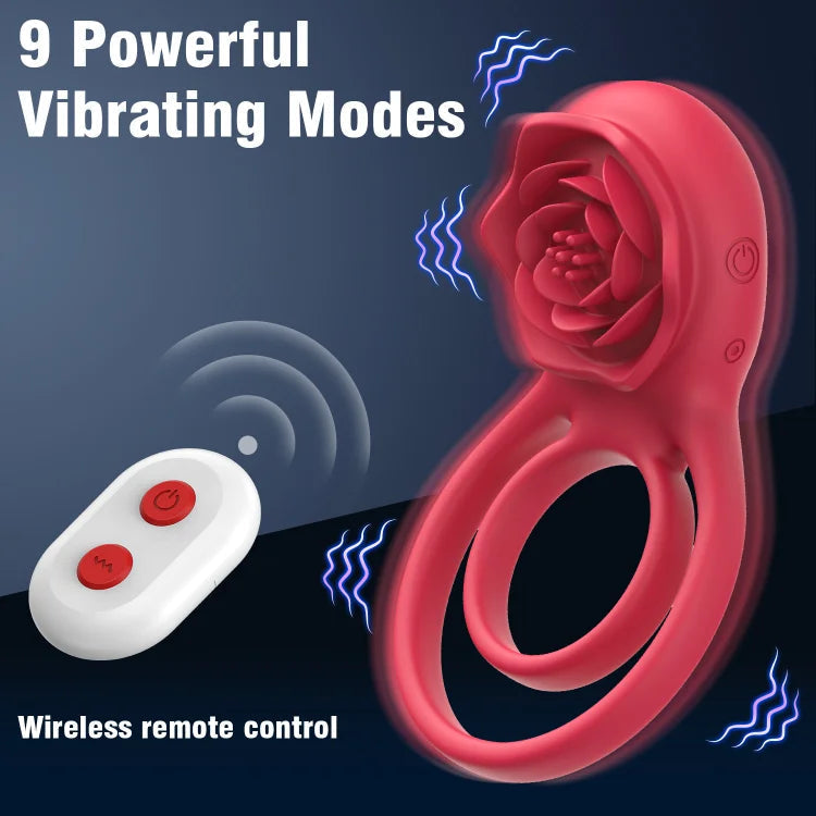 Rose Clitoral Stimulator Cock Ring with 9 Vibrations, Couples Sex Toys Red