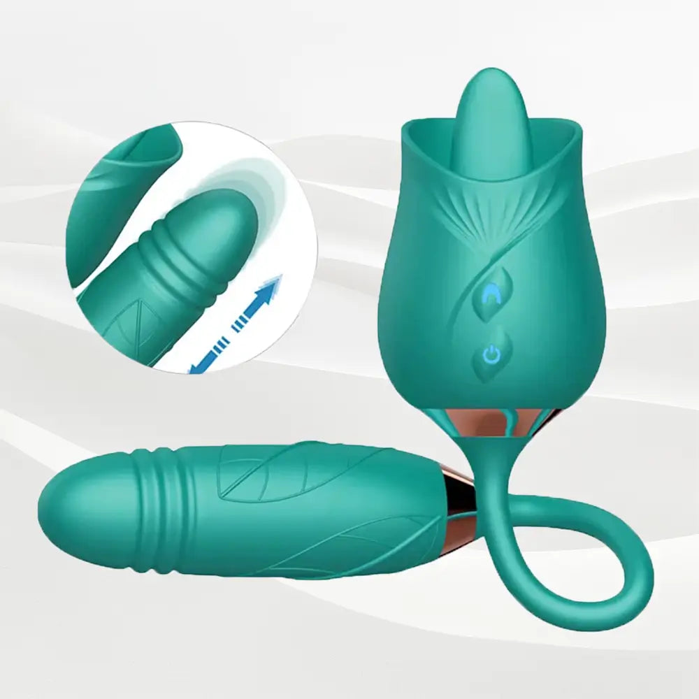 Dual-head Tongue Licking Rose Sex Toys with Thrusting Dildo, 3 in 1 Rose Vibrator for G Spot Clit Blended Climaxes