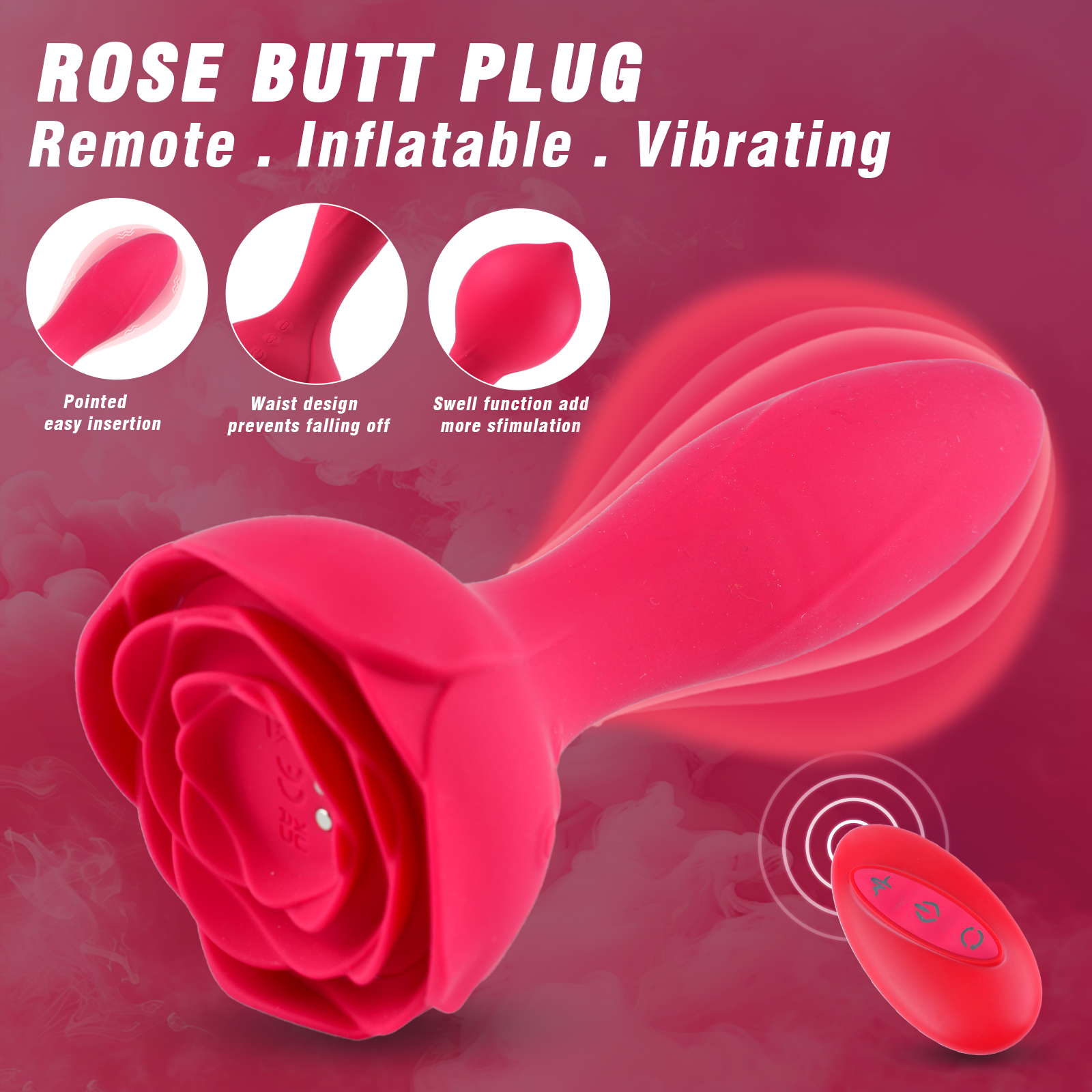 Vibrating Rose Butt Plug for Adults - Inflatable Anal Plug with Automatic Inflation and 10 Vibrating Modes