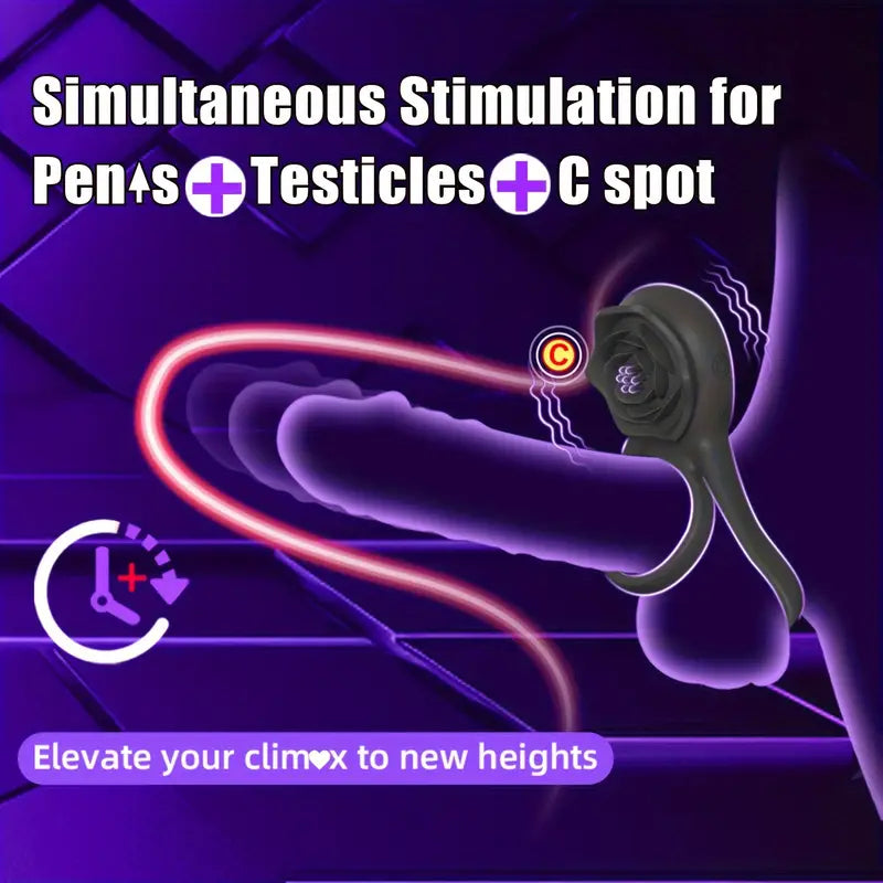 Rose Vibrating Cock Ring with Clitoral Stimulator, Penis Sleeve for G Spot Clitoris Penis Stimulation, 9 Vibrations