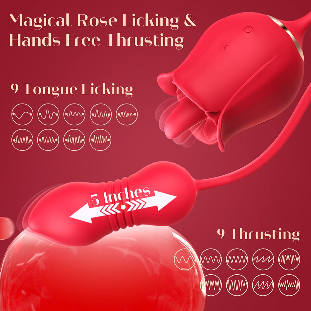 3 in 1 Rose Dildo Vibrator - Tongue - Licking & Thrusting with 9 Modes for Ultimate Pleasure