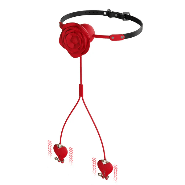 Vibrating Rose Nipple Clamp Toys, 3 in 1 Adjustable Rose Necklace Mouth Gag & Nipple Clitoral Adult Toys with 10 Stimulations