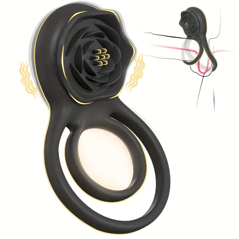 Rose Vibrating Cock Ring with Clitoral Stimulator, Penis Sleeve for G Spot Clitoris Penis Stimulation, 9 Vibrations