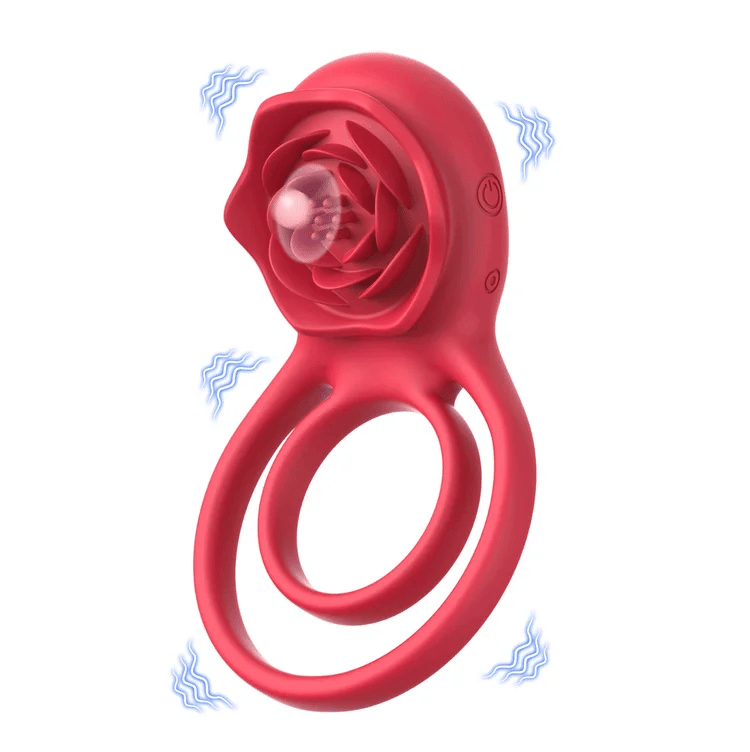 Rose Clitoral Stimulator Cock Ring with 9 Vibrations, Couples Sex Toys Red