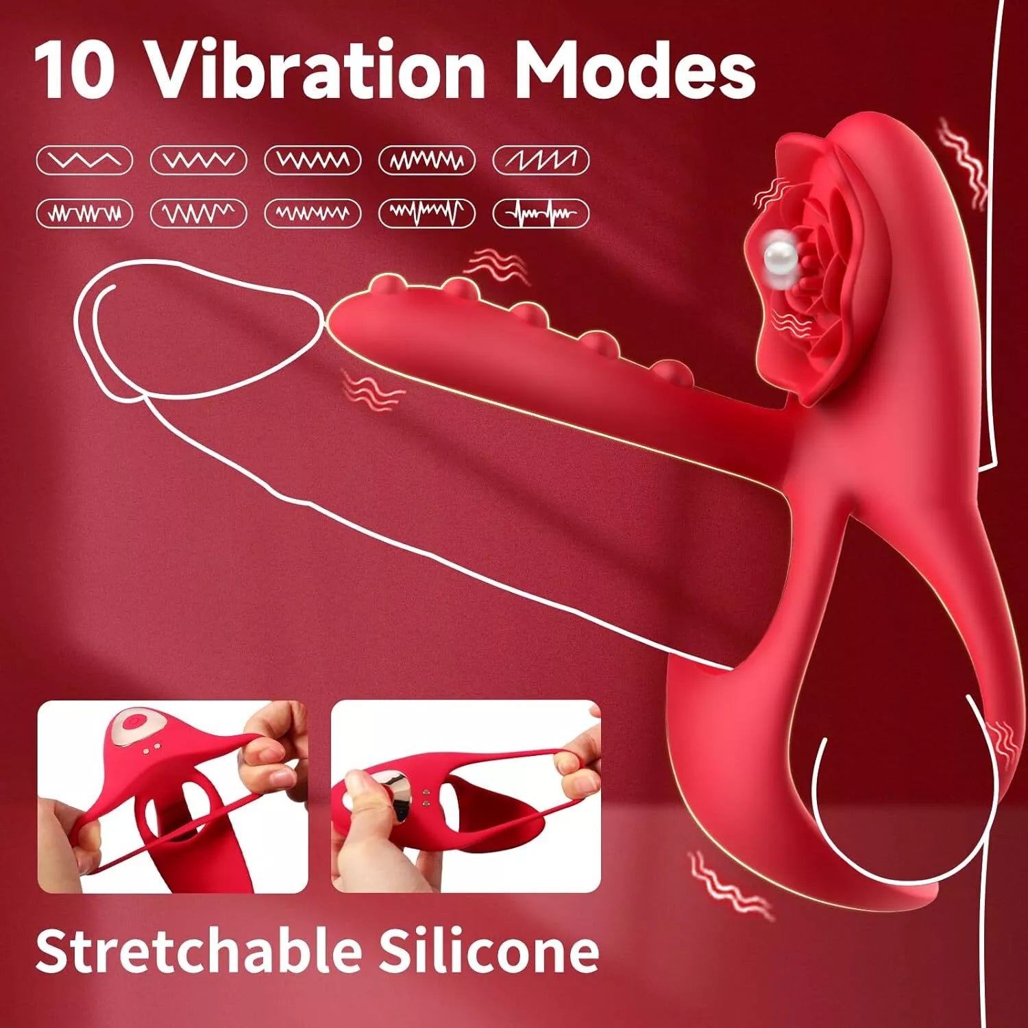 Rose Stimulation Tongue Sex Toys with Vibrating Cock Ring for Men,10 Modes