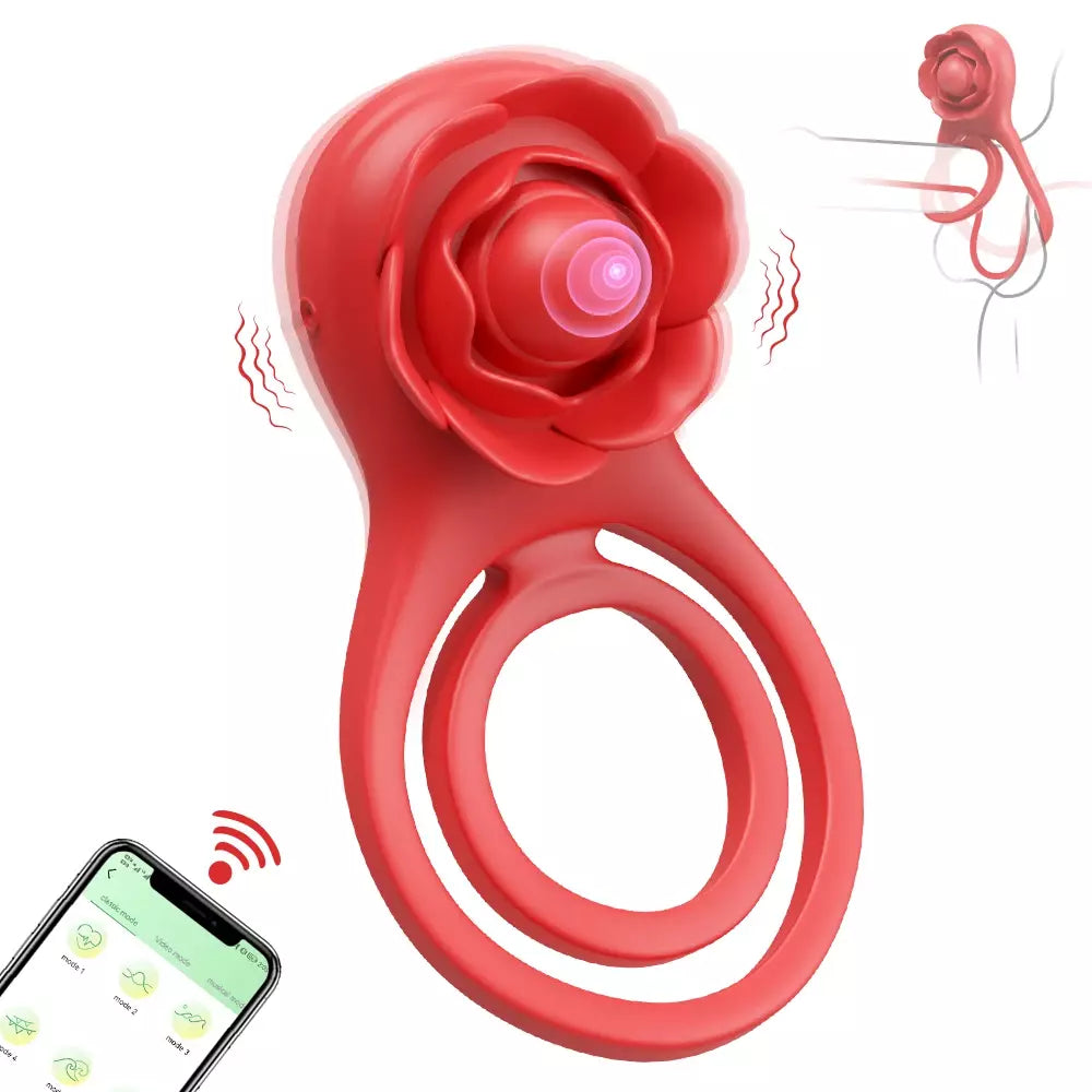 Powerful vibrating penis ring with rose-shaped clitoral stimulator, APP remote control sex toys for men